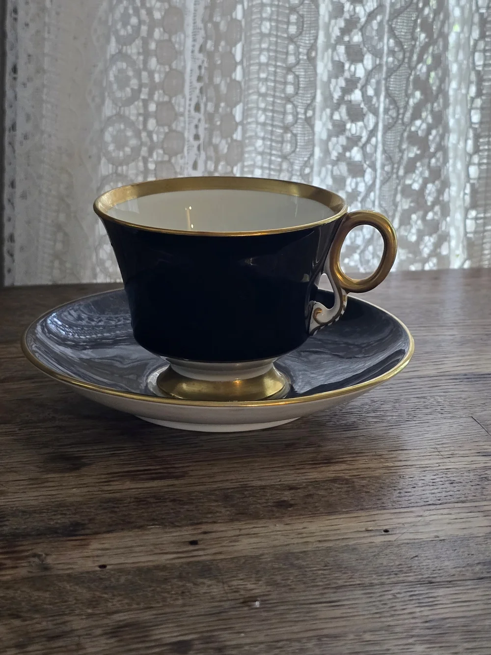 Vintage Adderley Elegant Black, White and Gold Porcelain Teacup & Saucer